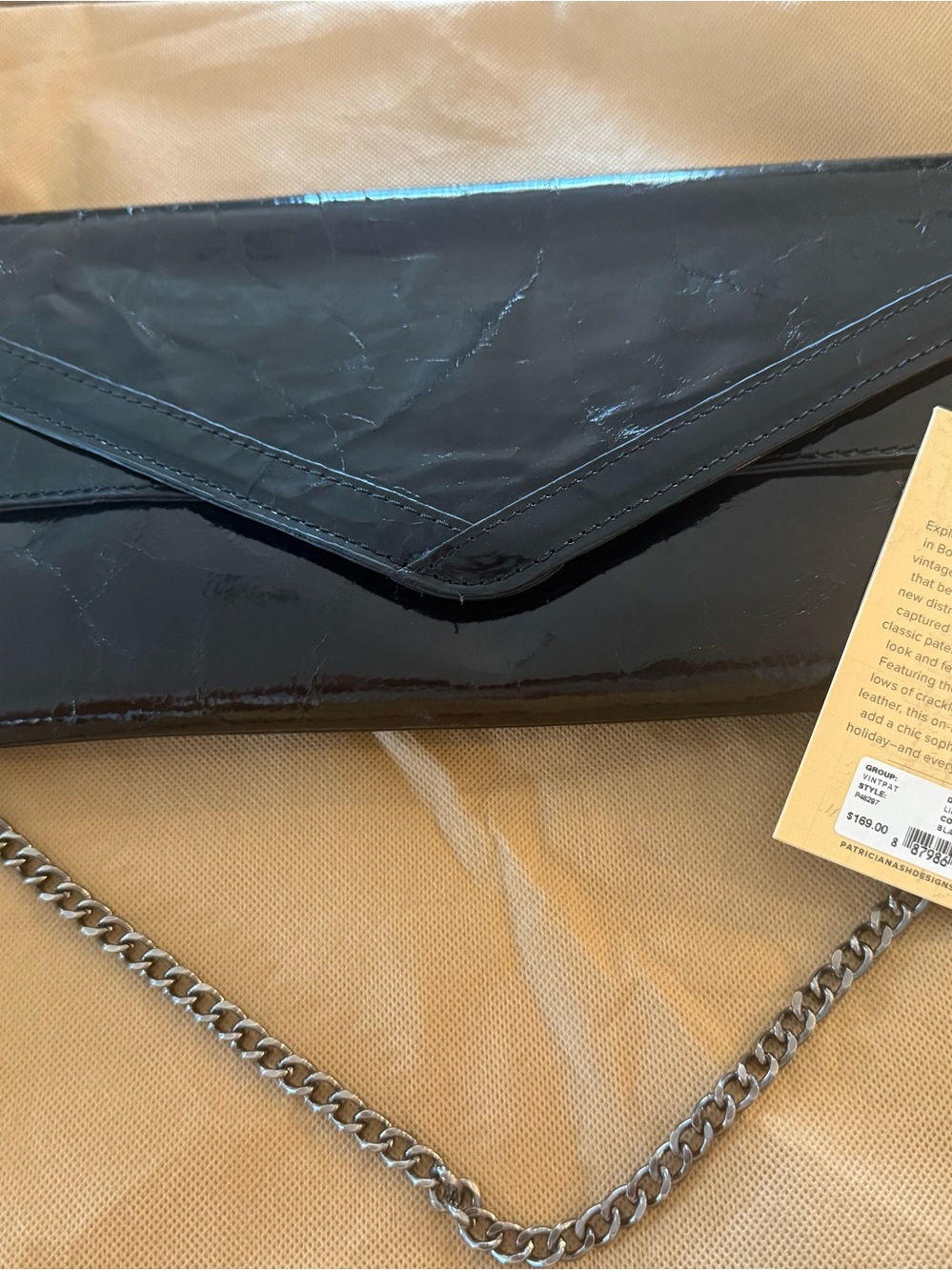 NWT Patricia Nash Black Patent Leather Envelope Clutch with Chain